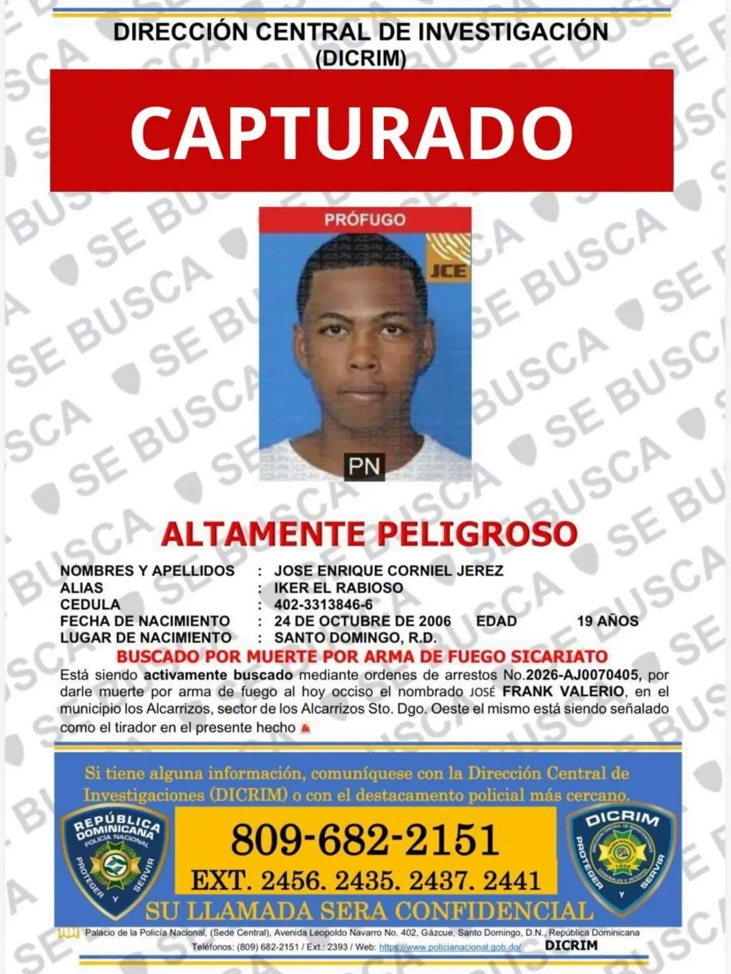 Se entrega alias “Iker El Rabioso", buscado por muerte de dirigente comunitario en Los Alcarrizos