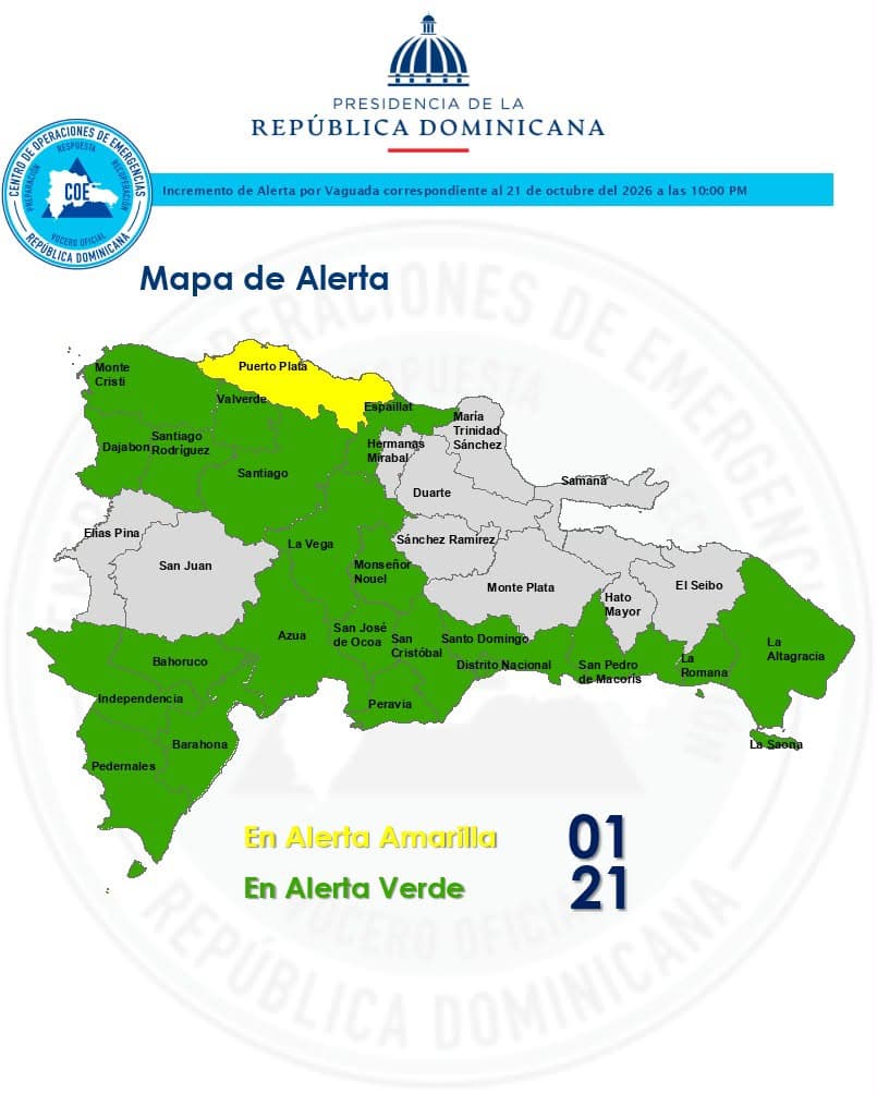 COE coloca a Puerto Plata en alerta amarilla y mantiene 21 localidades en verde por incidencia de vaguada
