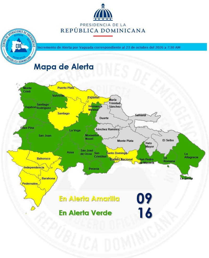 COE amplía a nueve provincias y el Distrito Nacional la alerta amarilla por fuertes lluvias