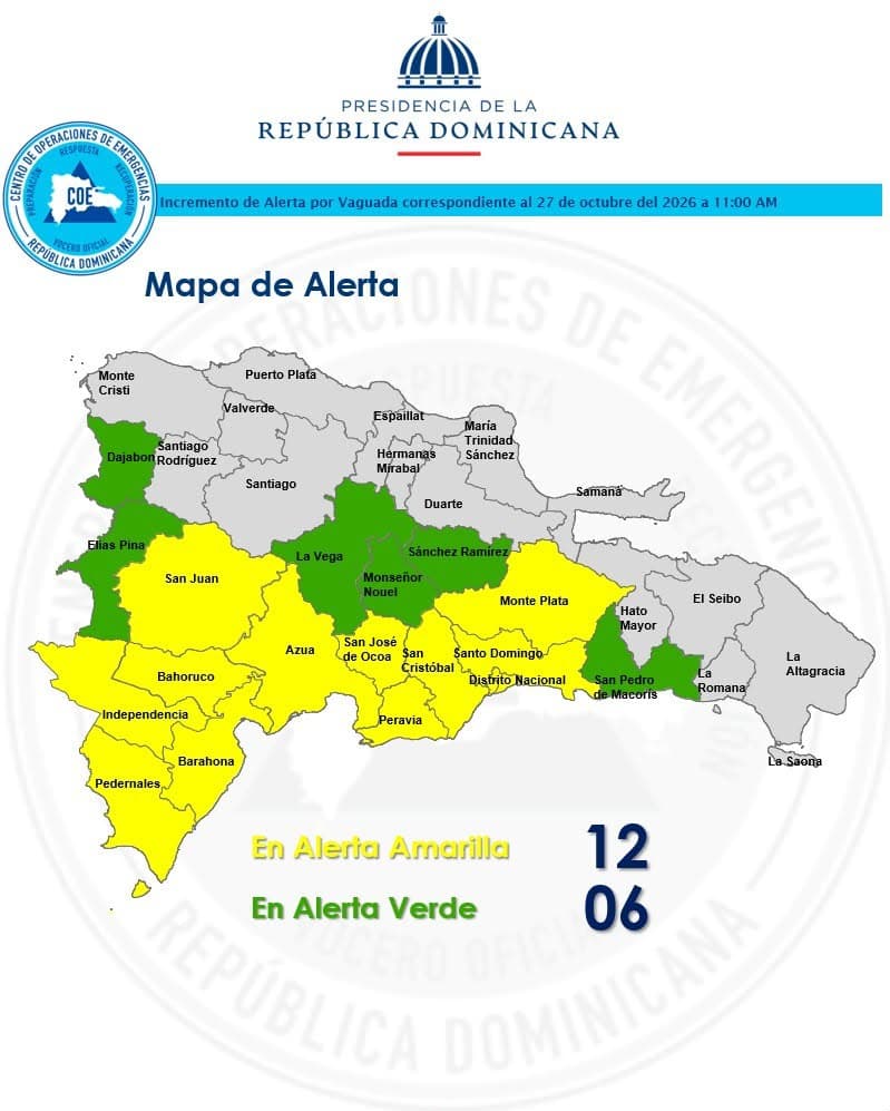 COE coloca 12 provincias y el Distrito Nacional en alerta amarilla por vaguada